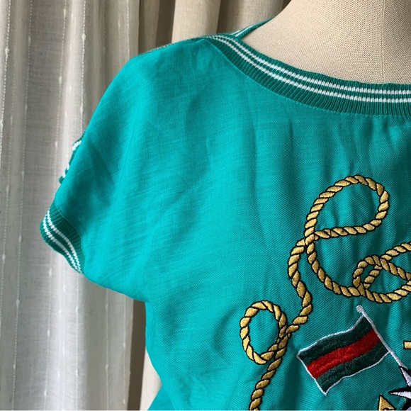 VINTAGE NO NAME BOATING TEAL EMBROIDERED TOP - Picture 6 of 6
